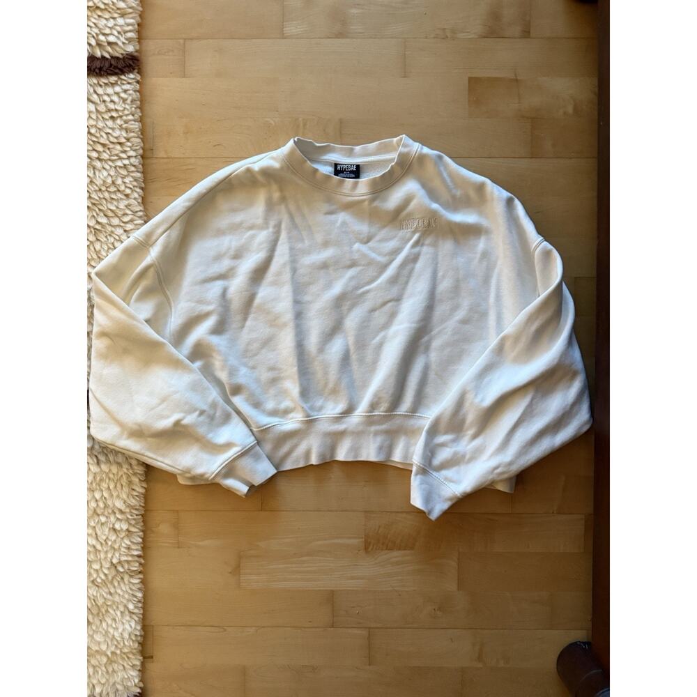 HypeBae White Fleece Lined Crop Pullover Sweatshirt Round Neck Embroidered S